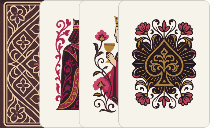 The Bloom deck — its back, king, queen and ace