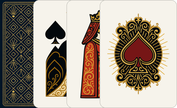 The Deco deck — its back, king, queen and ace