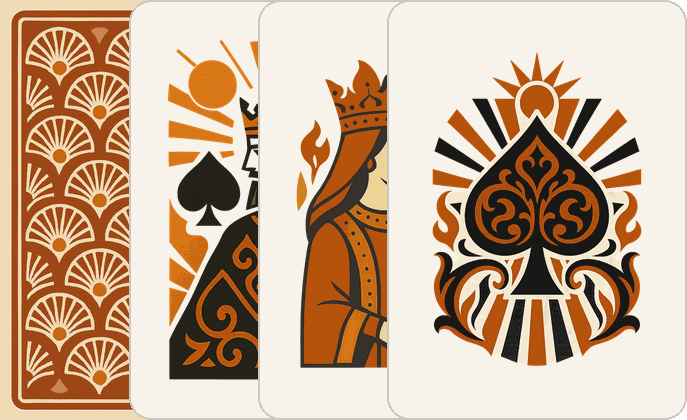 The Ember deck — its back, king, queen and ace