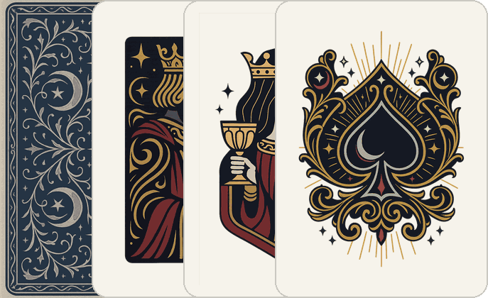 The Nocturne deck — its back, king, queen and ace