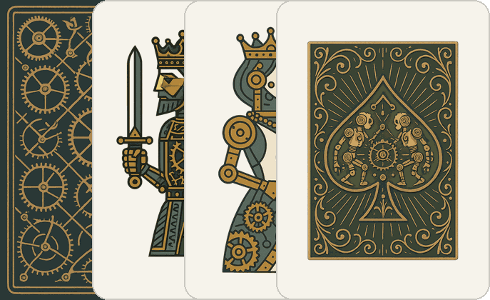 The Clockwork deck — its back, king, queen and ace