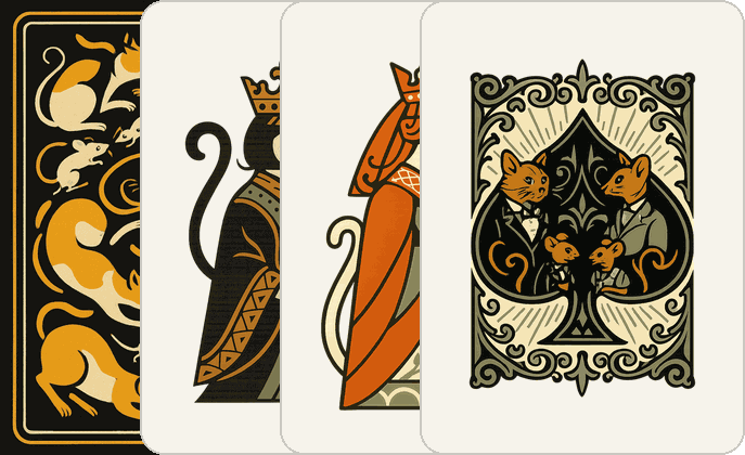 The Cat & Mouse deck — its back, king, queen and ace