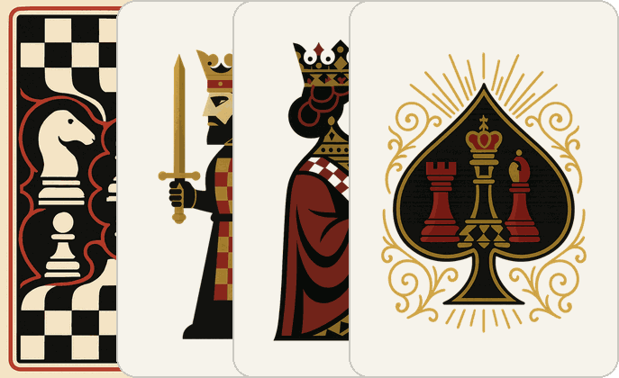 The Gambit deck — its back, king, queen and ace