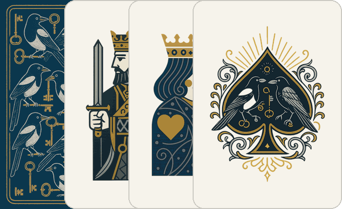 The Magpie deck — its back, king, queen and ace
